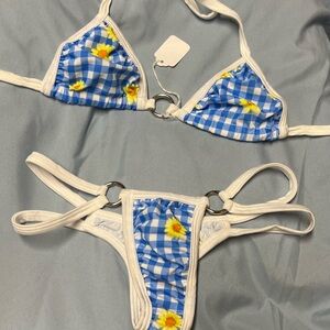 Blue Gingham and Yellow Flower Bikini